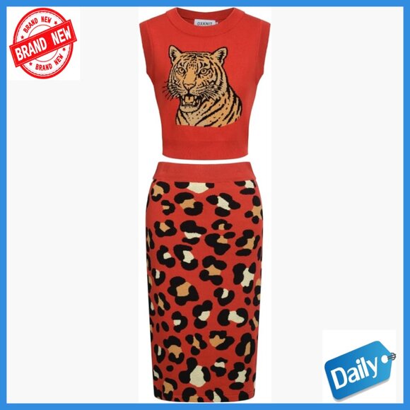Vintage Cotton Vest Skirt Set Tiger Print Size Large 2-Piece Outfit